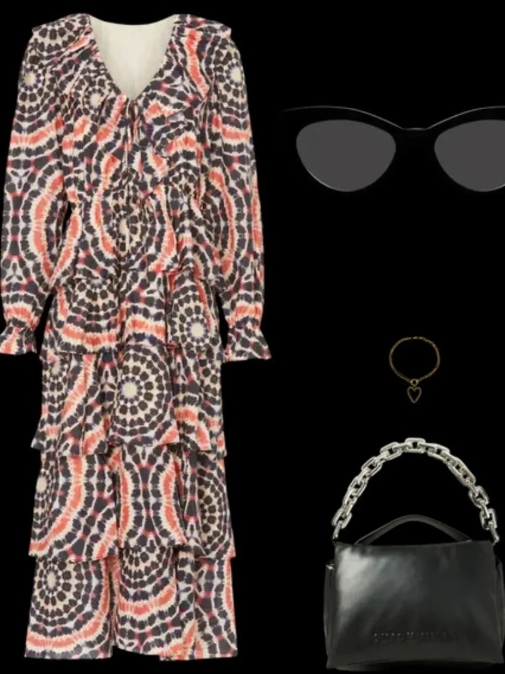 MARIE OLIVER Blythe Midi‎ Dress in Mandala Tie-Dye maxi Flowy tiered ruffles V